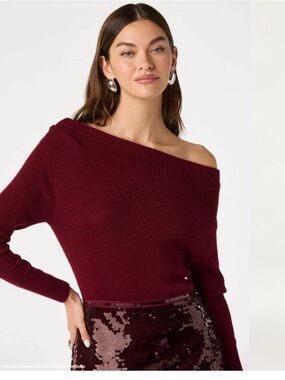 ASTR Off-Shoulder Ribbed Sweater Wine Small